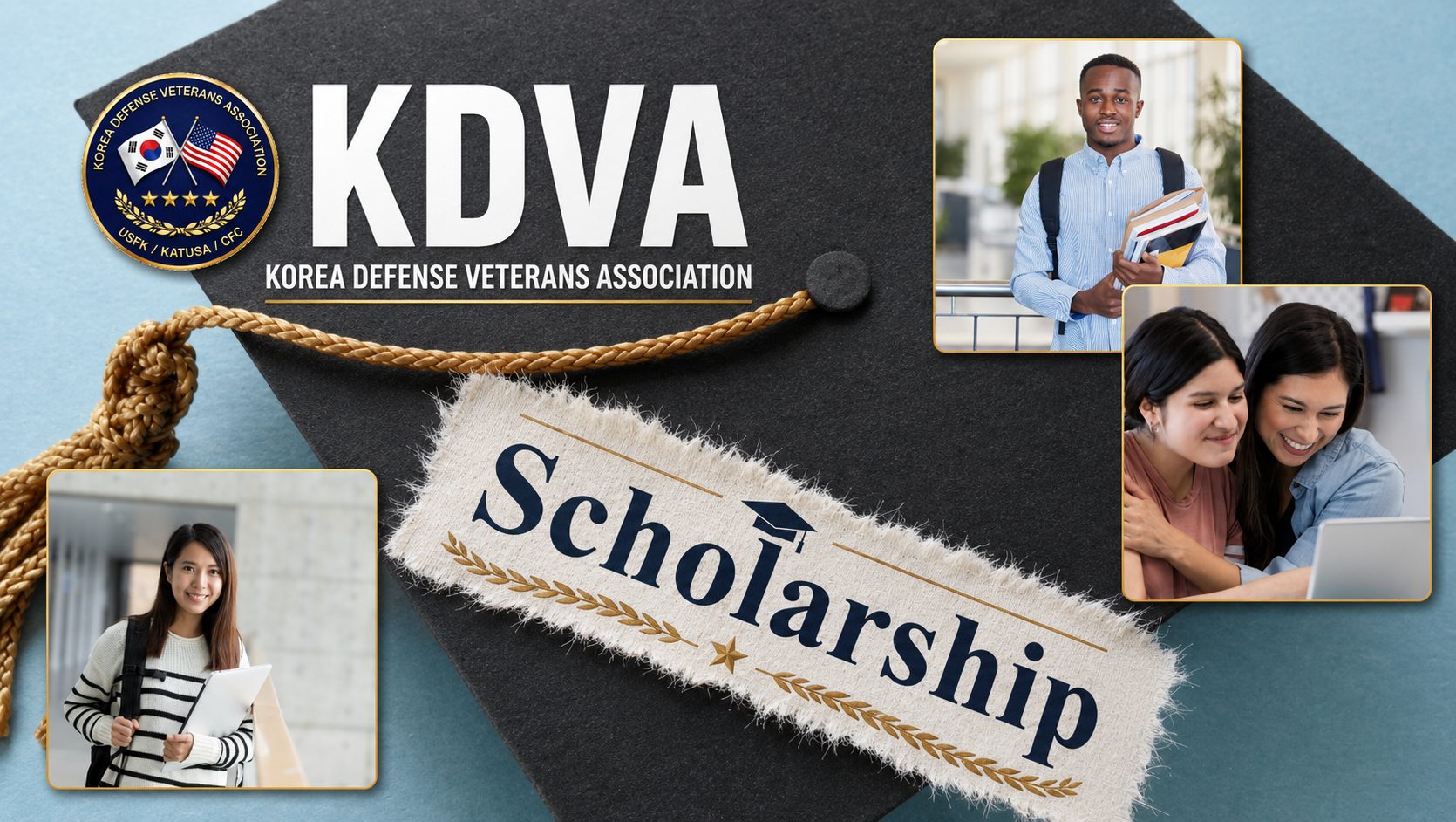 KDVA scholarship program graphic featuring students and a graduation cap